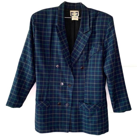 Vintage Jackets & Blazers - VINTAGE PLAID GREEN RED BLUE PARISCOPE BLAZER SIZE 13 LARGE